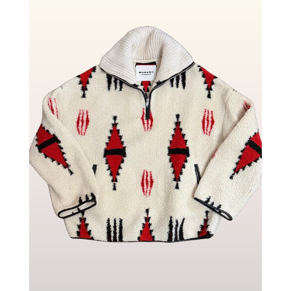 Isabel Marant Marner Coat 38 Ecru Red Geometric Fleece Quarter Zip Pullover